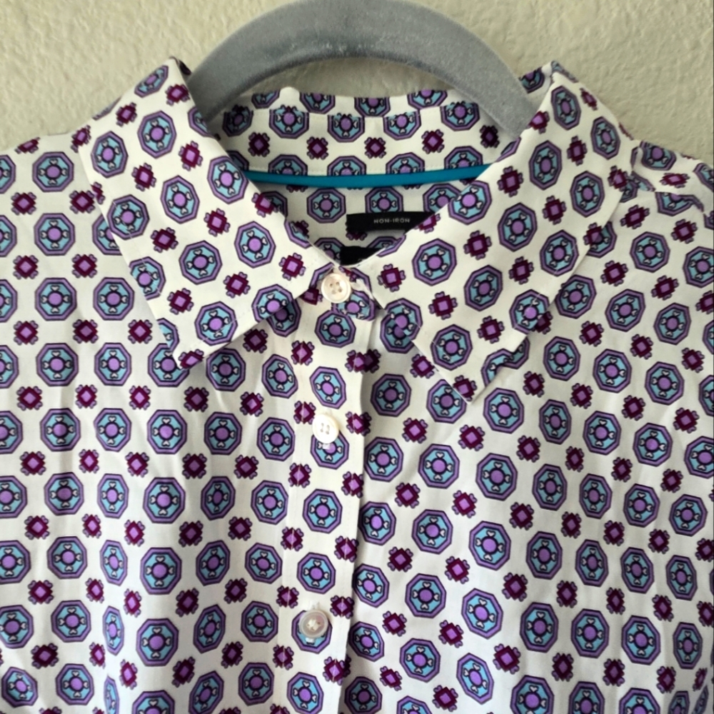 NWT Talbots Women Sz 6 Non Iron Shirt Cotton Heart Geometric White Purple Blue